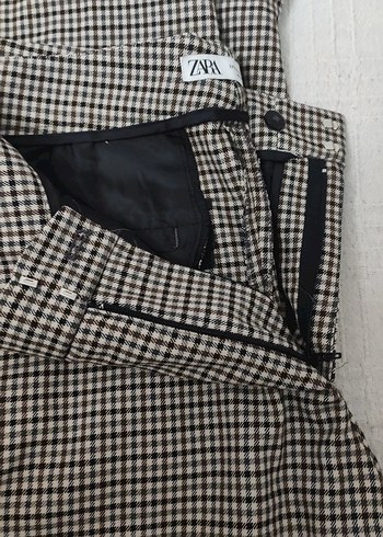 Düğmeli Kahverengi Ekose Kumaş Pantolon - Görsel 2