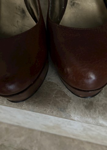 Kahverengi Deri Platform Topuklu Kadın Stiletto - Görsel 7