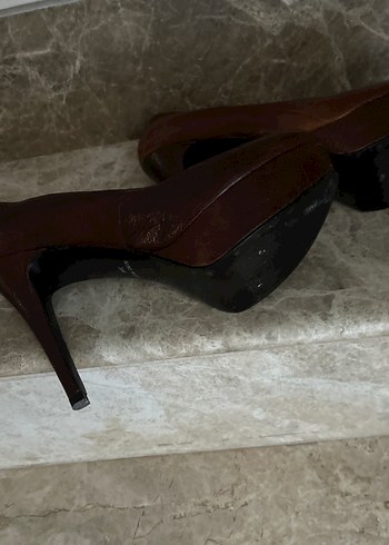 Kahverengi Deri Platform Topuklu Kadın Stiletto - Görsel 4