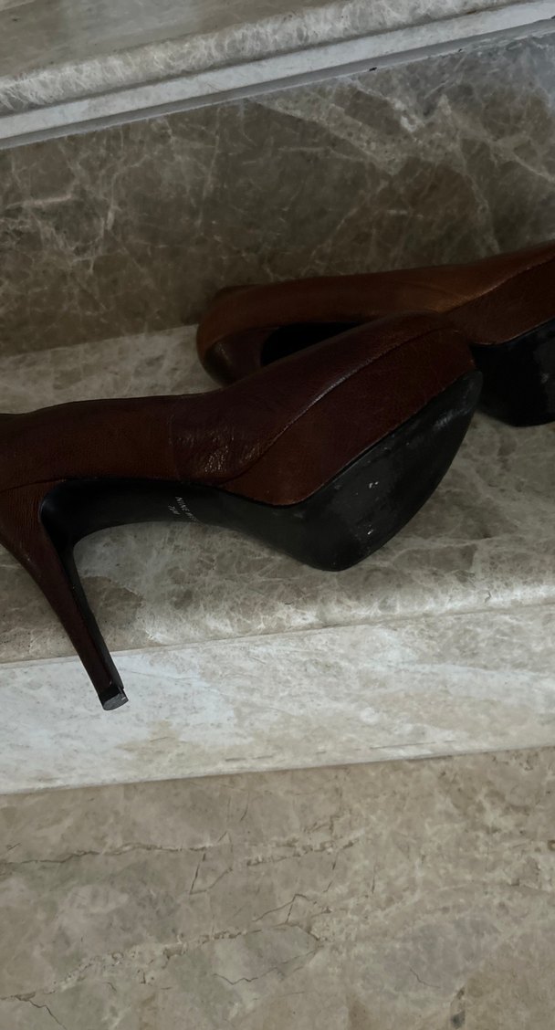 Kahverengi Deri Platform Topuklu Kadın Stiletto - Görsel 4