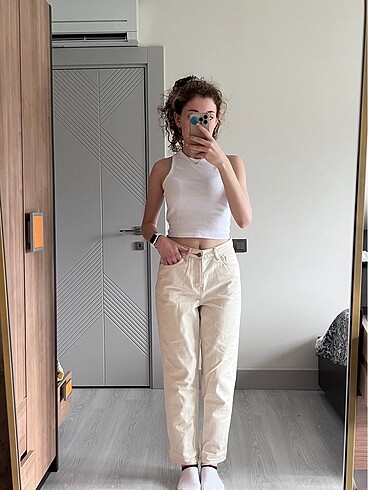 Ekru mom jean pantolon