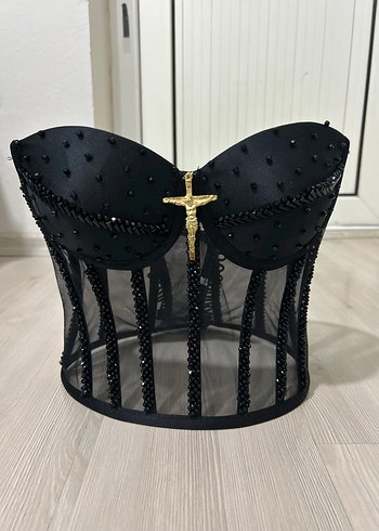 Siyah Mini Gotik Boncuk İşlemeli Straplez Bustiyer - Görsel 3