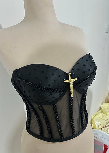 Siyah Mini Gotik Boncuk İşlemeli Straplez Bustiyer - Görsel 5