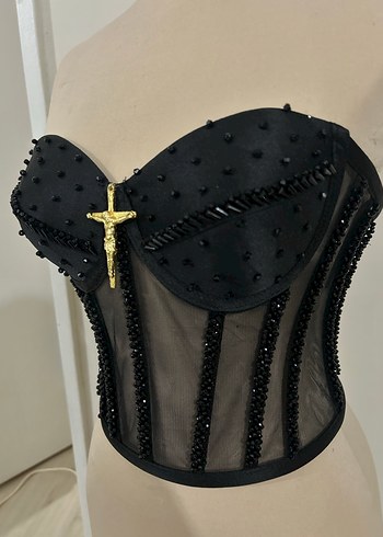 Siyah Mini Gotik Boncuk İşlemeli Straplez Bustiyer - Görsel 4