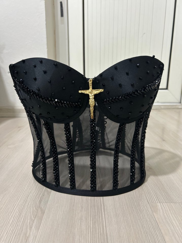 Siyah Mini Gotik Boncuk İşlemeli Straplez Bustiyer - Görsel 3