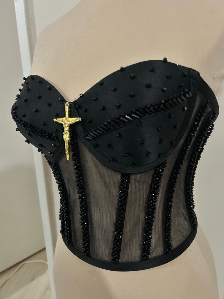 Siyah Mini Gotik Boncuk İşlemeli Straplez Bustiyer - Görsel 4