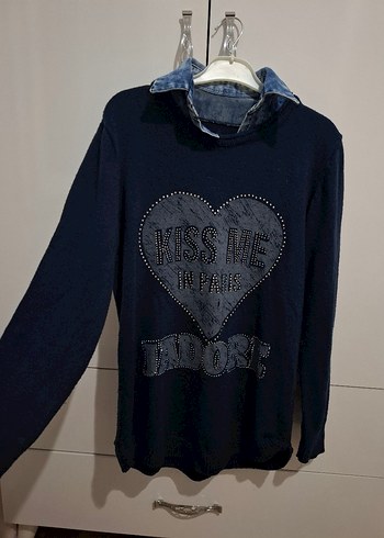 m Beden lacivert Renk Mavi Triko Kadın Kazak - Denim Detaylı