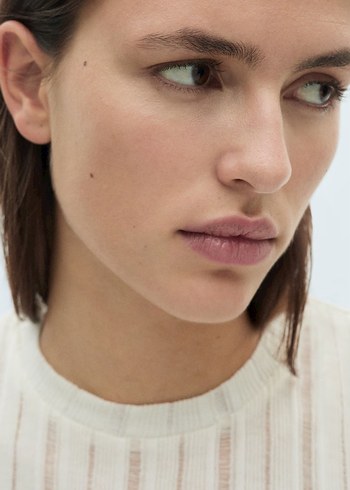 Bej, Kısa Kollu, İnce Çizgi desen Kadın Bluz - Görsel 3