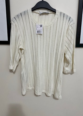 Bej, Kısa Kollu, İnce Çizgi desen Kadın Bluz - Görsel 5