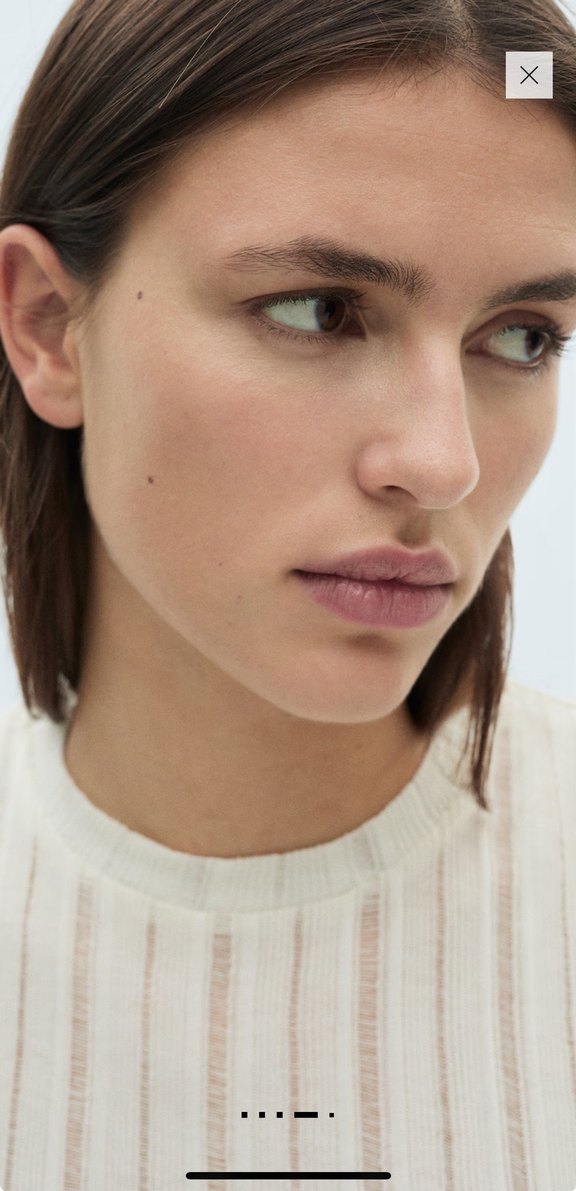 Bej, Kısa Kollu, İnce Çizgi desen Kadın Bluz - Görsel 3