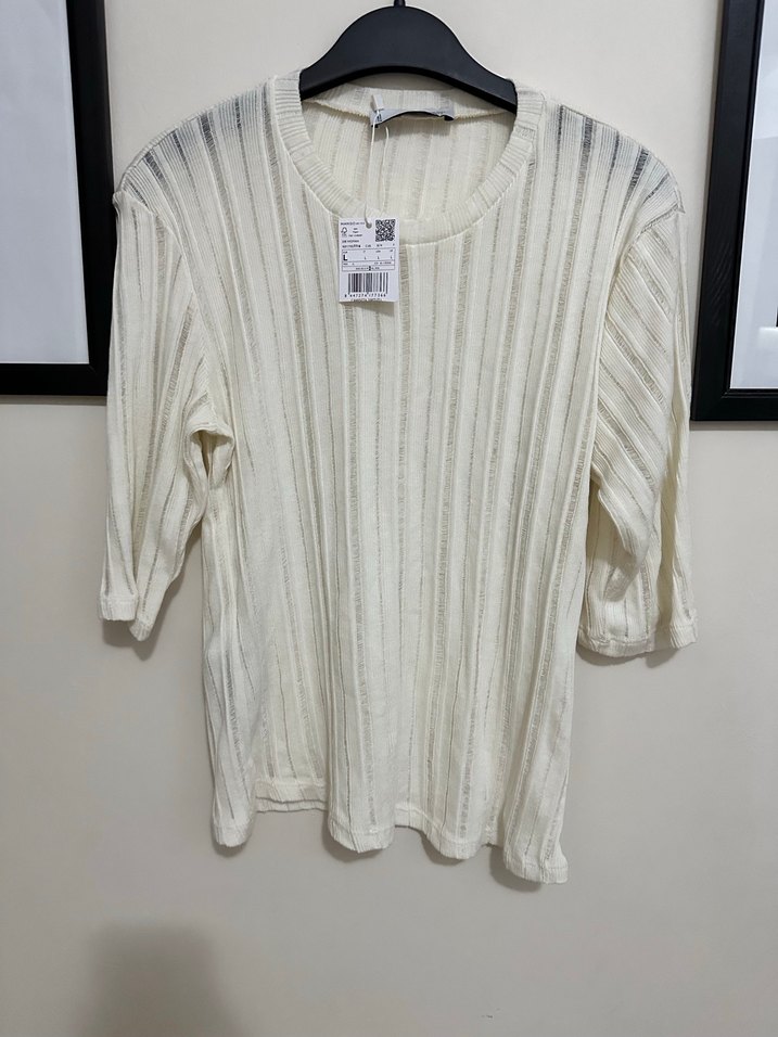 Bej, Kısa Kollu, İnce Çizgi desen Kadın Bluz - Görsel 5