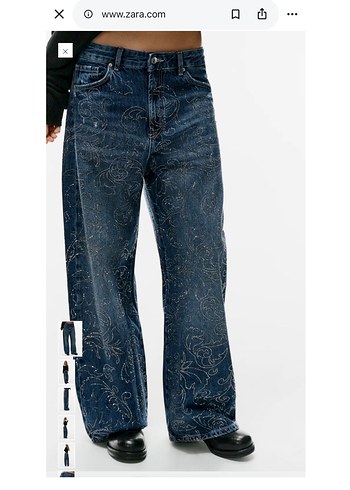 Zara Koyu Mavi Desenli Genis Paca Jean