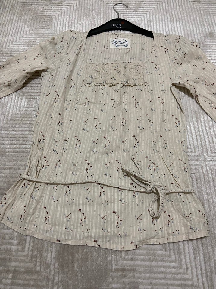 Bej Bohem Uzun Kollu bel kısmı kemerli Bluzu - Görsel 2