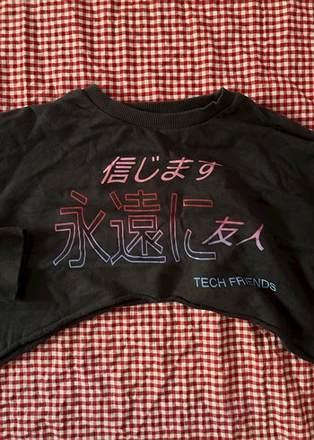 34 Beden Japonca yazılı crop sweater