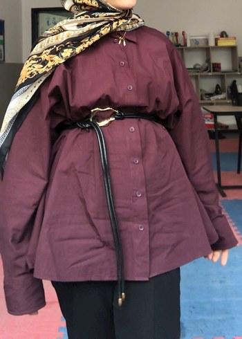 Bordo Deri Kemerli Midi Ofis Elbisesi - Görsel 2