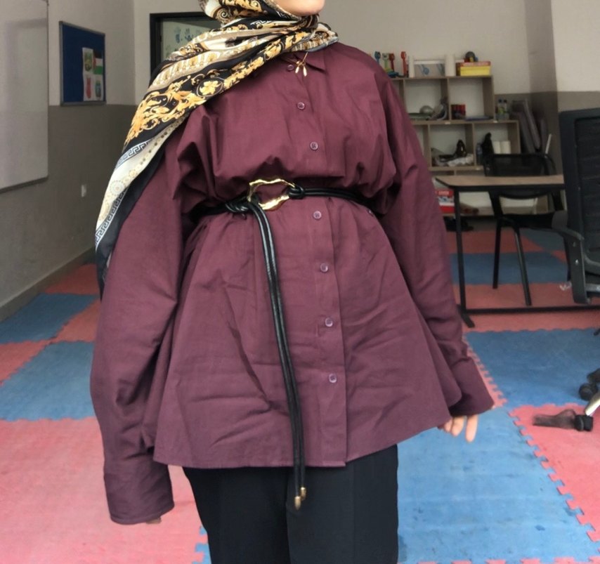 Bordo Deri Kemerli Midi Ofis Elbisesi - Görsel 2