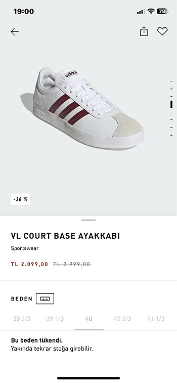 40 Beden beyaz Renk ADİDAS VL COURT BASE AYAKKABI