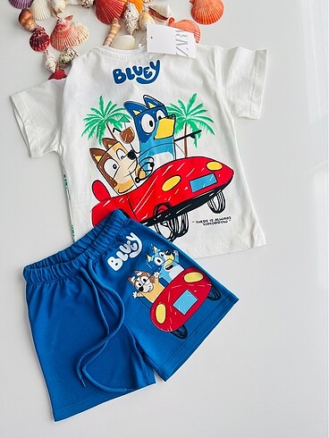 2 Yaş Beden çeşitli Renk BLUEY KARAKTERLİ ŞORTLU TAKIM