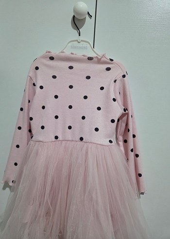 Uzun Kollu Pembe Puantiyeli Kız Elbisesi - Görsel 2