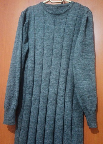 Gri Triko Uzun Kollu Piliseli Kadın Elbise - Görsel 3