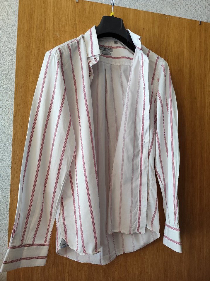Erkek Beyaz Kırmızı Çizgili Keten Gömlek - Görsel 2