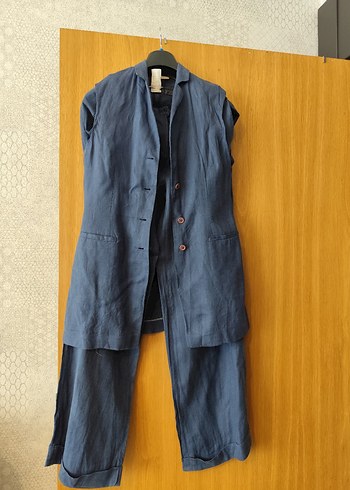 Linen Kumaşlı Uzun Kollu Kadın Takım keten pantolon yelek takım