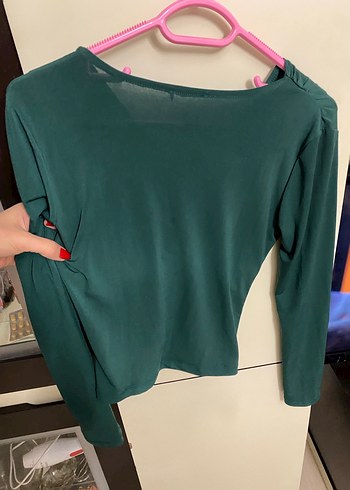 Yeşil V Yaka Pileli Uzun Kollu Bluz - Görsel 7