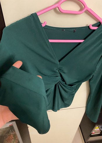 Yeşil V Yaka Pileli Uzun Kollu Bluz - Görsel 5