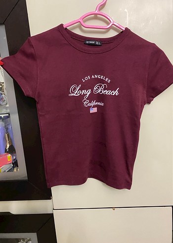 Bordo Kadın Mini Tişört, Kısa Kollu, Baskılı - Görsel 2