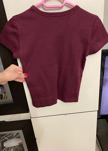 Bordo Kadın Mini Tişört, Kısa Kollu, Baskılı - Görsel 5