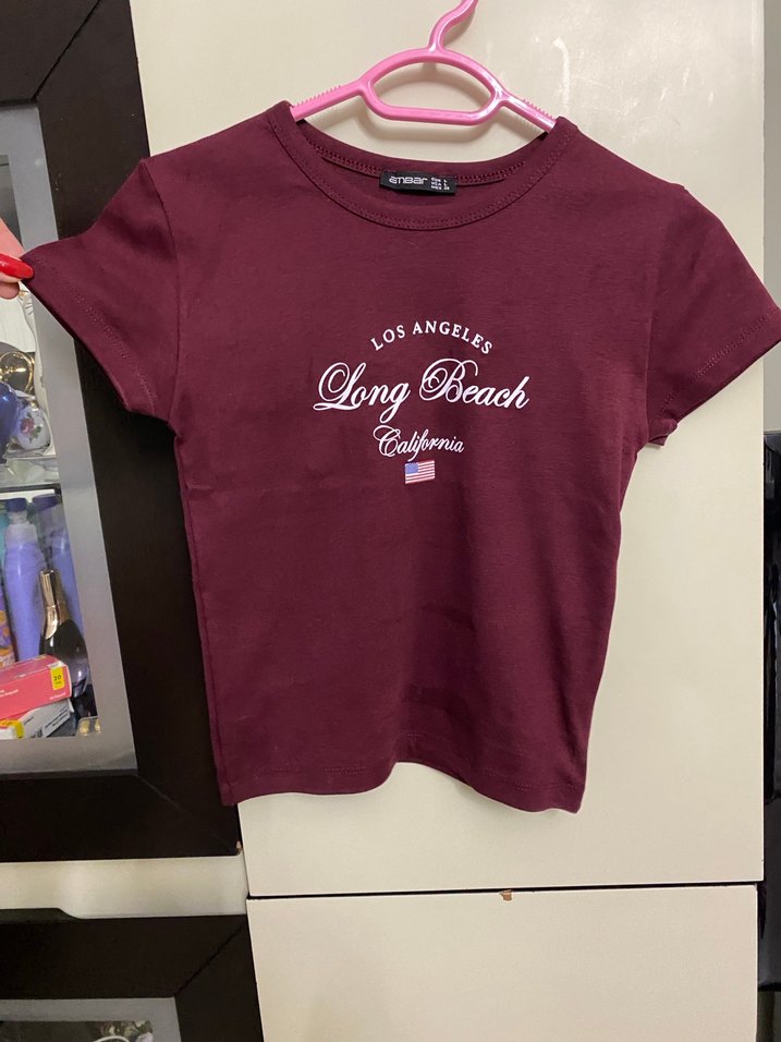 Bordo Kadın Mini Tişört, Kısa Kollu, Baskılı - Görsel 2