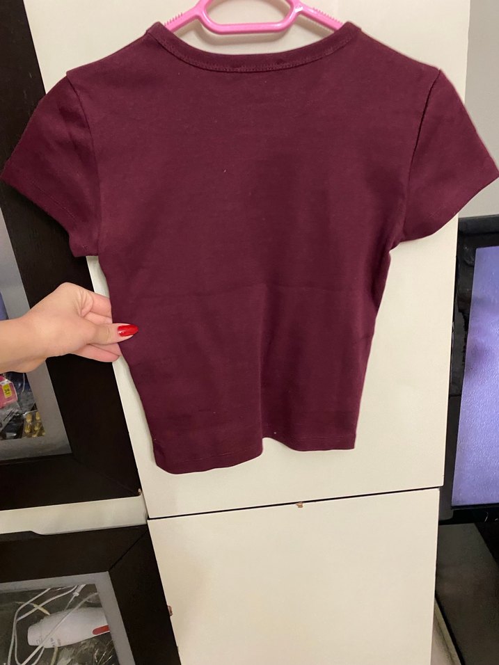 Bordo Kadın Mini Tişört, Kısa Kollu, Baskılı - Görsel 5