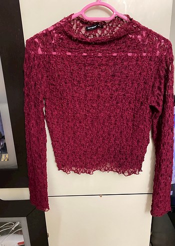 Bordo Dantel Detaylı Uzun Kollu Bluz - Görsel 2