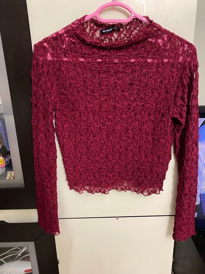 Bordo Dantel Detaylı Uzun Kollu Bluz - Görsel 2