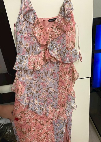 Pembe Bohem Renkli Fırfırlı Uzun Elbise - Görsel 2