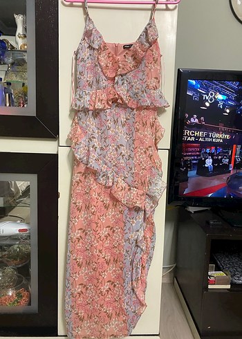 Pembe Bohem Renkli Fırfırlı Uzun Elbise - Görsel 12