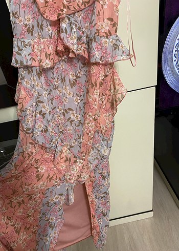 Pembe Bohem Renkli Fırfırlı Uzun Elbise - Görsel 3