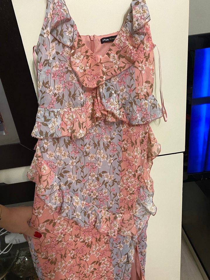 Pembe Bohem Renkli Fırfırlı Uzun Elbise - Görsel 2