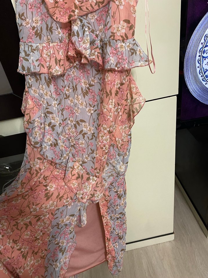 Pembe Bohem Renkli Fırfırlı Uzun Elbise - Görsel 3