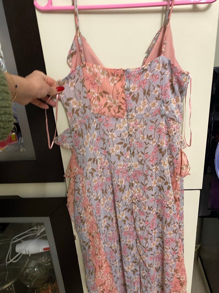 Pembe Bohem Renkli Fırfırlı Uzun Elbise - Görsel 5