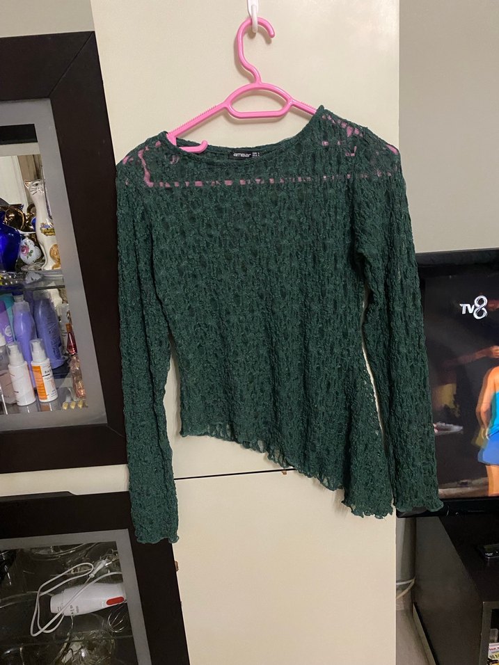 Kadın Yeşil Örgü Uzun Kollu Bluz - Görsel 2