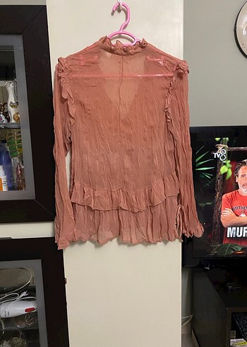 Pembe V Yaka Uzun Kollu Keten Bluz - Görsel 7