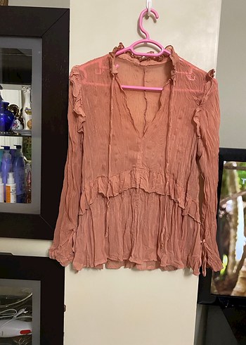 Pembe V Yaka Uzun Kollu Keten Bluz - Görsel 4