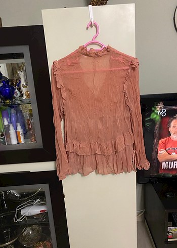 Pembe V Yaka Uzun Kollu Keten Bluz - Görsel 5