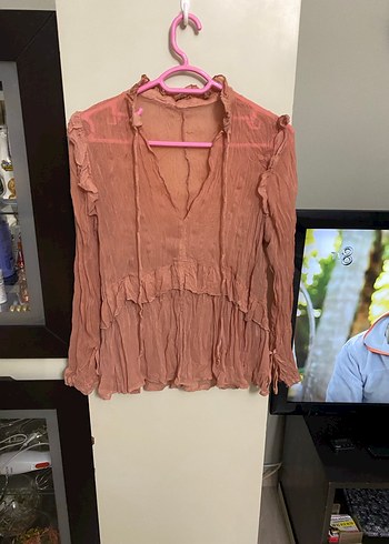 Pembe V Yaka Uzun Kollu Keten Bluz - Görsel 2