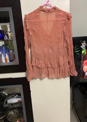 Pembe V Yaka Uzun Kollu Keten Bluz - Görsel 6