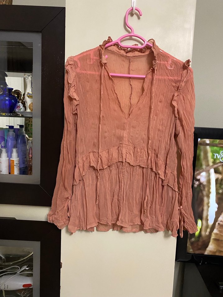 Pembe V Yaka Uzun Kollu Keten Bluz - Görsel 4