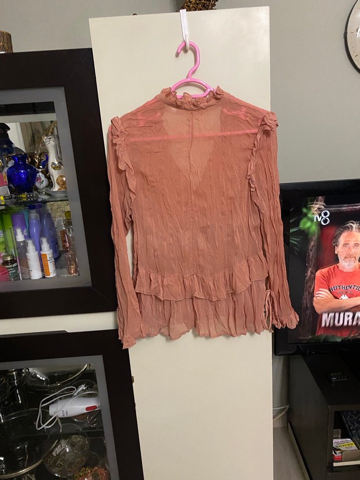 Pembe V Yaka Uzun Kollu Keten Bluz - Görsel 5