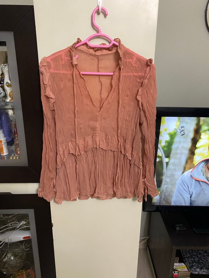 Pembe V Yaka Uzun Kollu Keten Bluz - Görsel 2