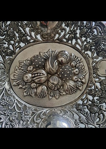 Vintage Çiçekli Gümüş Renkli Dekoratif Tabak - Görsel 2